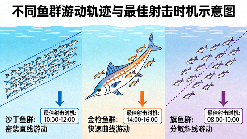 展示不同鱼群游动轨迹和最佳射击时机的示意图